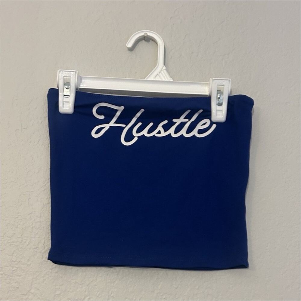Fashion Nova Women’s Blue Strapless Tube Top Hustle Logo Stretch Fitted S